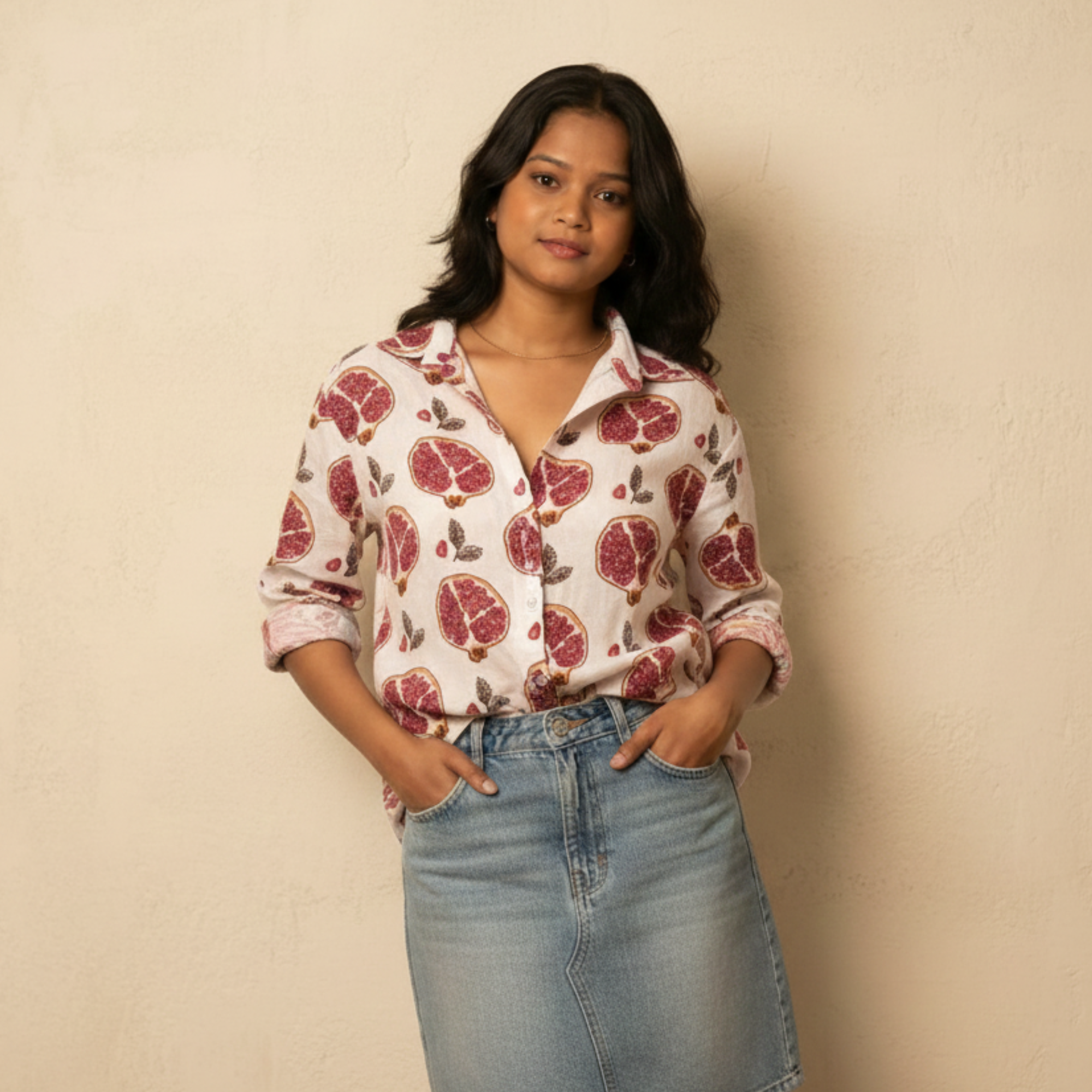 Anar Bagh - White Pomegranate Print Cotton Shirt