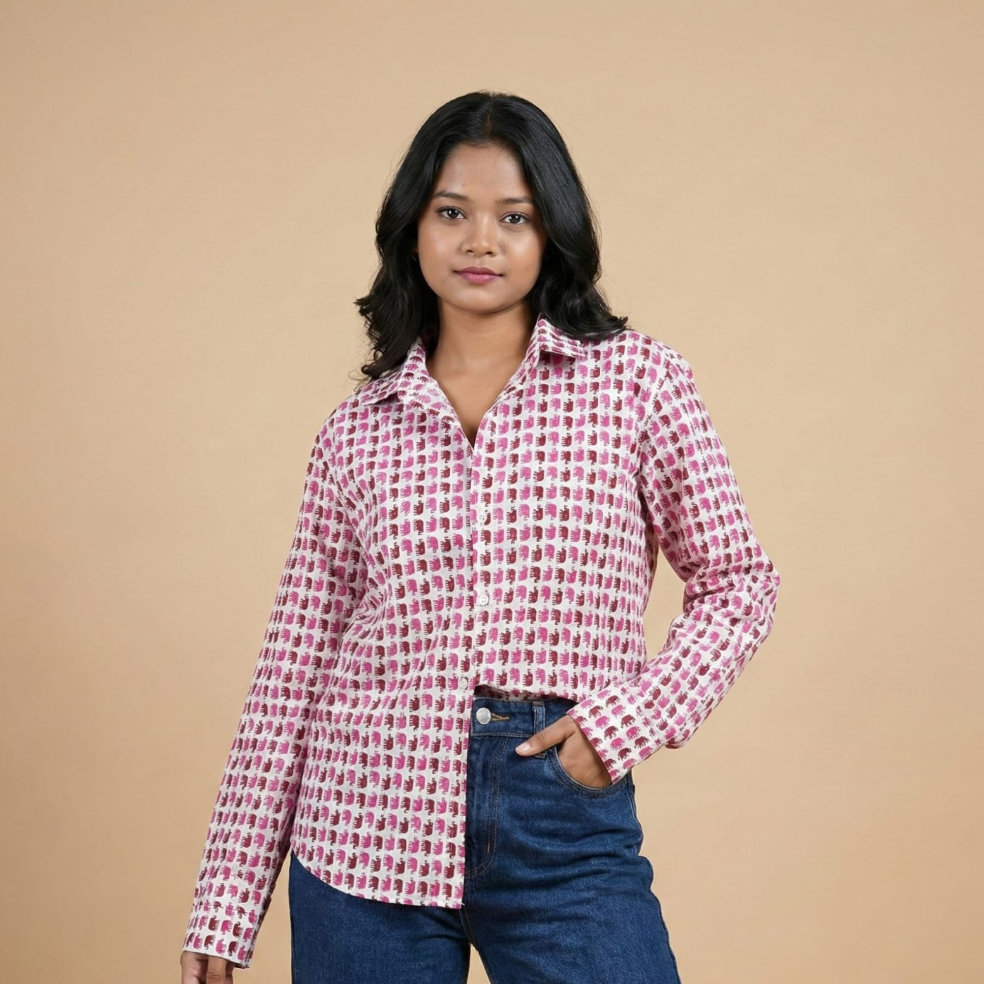 Jaipur Elefante - White Pink Elephant Cotton Shirt