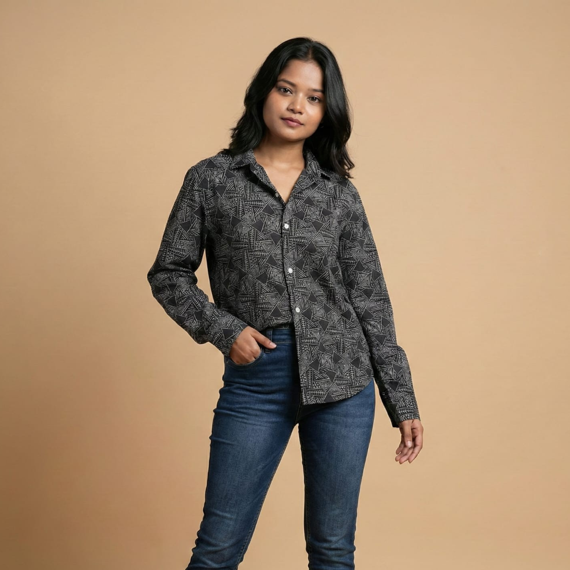 Jaipur Noir - Black Geometric Cotton Shirt