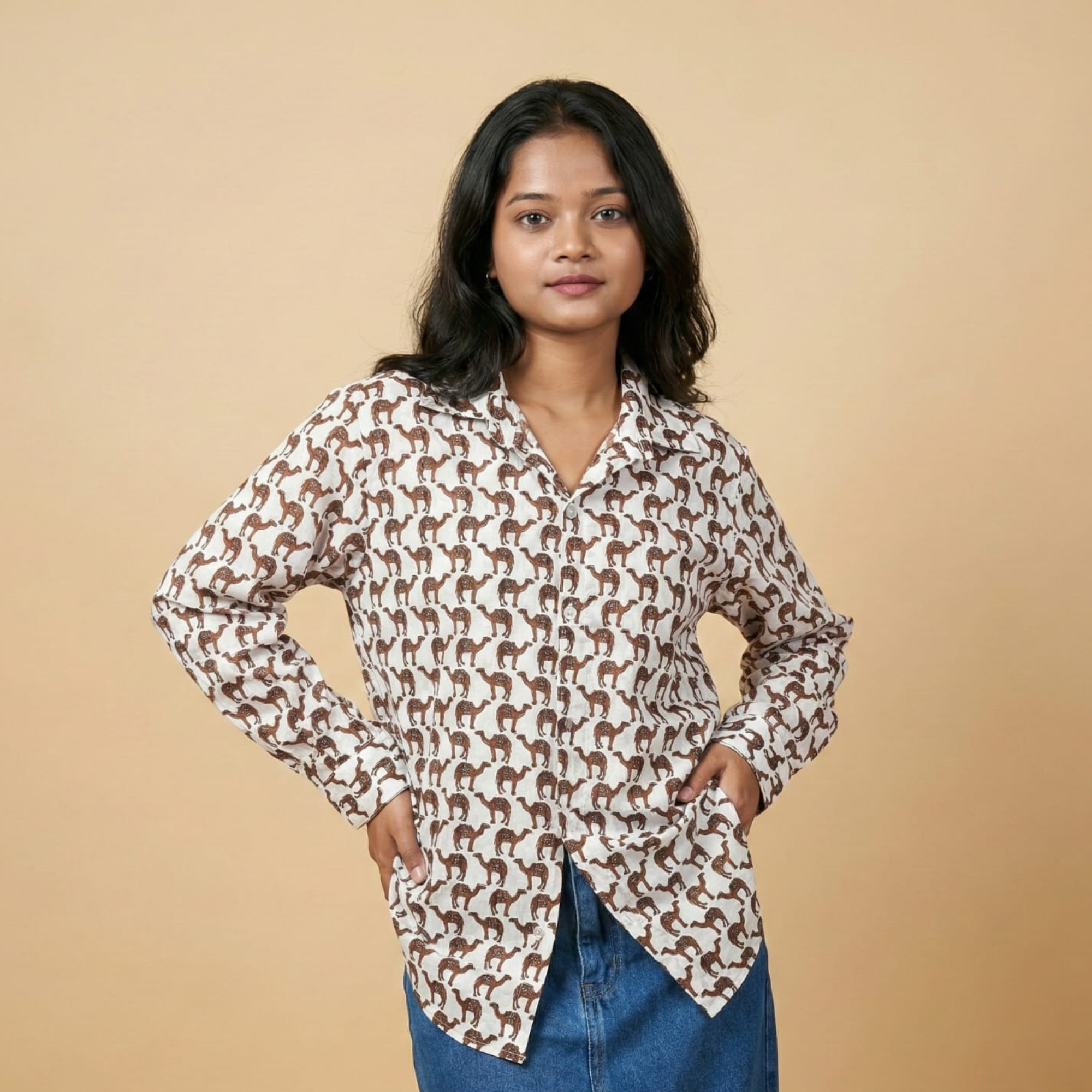 Thar Caravan Camel Print Cotton Shirt for Women